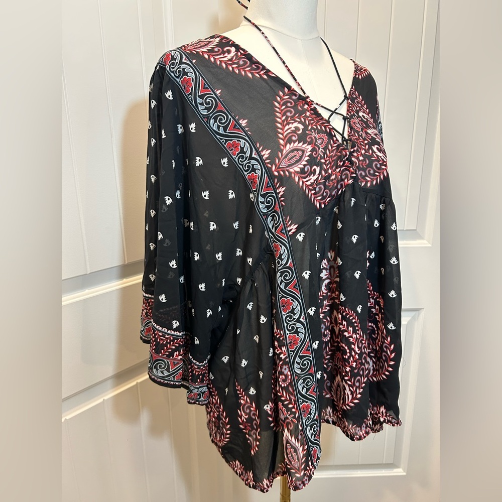 Fever Boho Top Wide Width Sleeves Colorful Simple Pattern V-Neck Ties Size XL - Picture 7 of 12